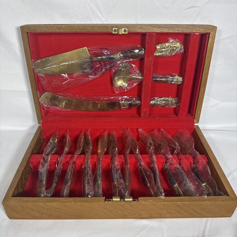 Siam Tropical Vintage 15pc Nickel Bronze Flatware Set Thailand Wood Case Gold